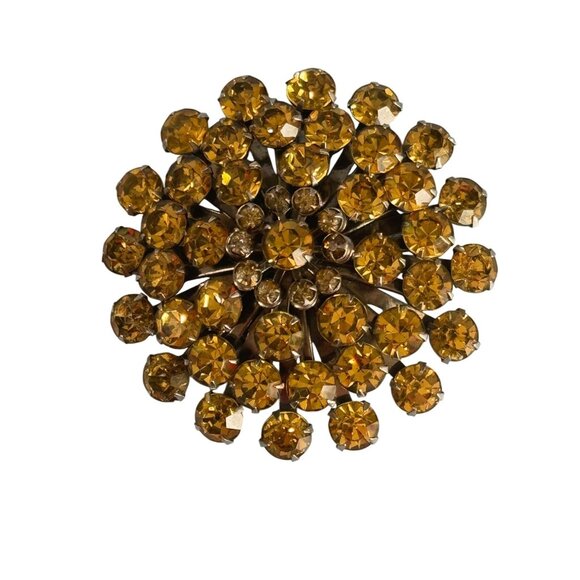 Vintage Coro Topaz Colored Domed Brooch With Rhinestones & Gold-Tone Finish - Picture 5 of 6
